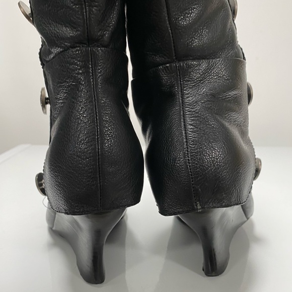 Black leather wedge heel tall boots with button detailing - Picture 6 of 16